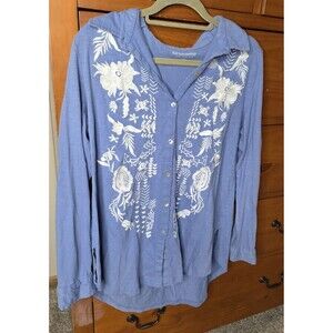 Soft Surroundings Tunic Size Large Embroidered Blue Floral Button Up Cotton